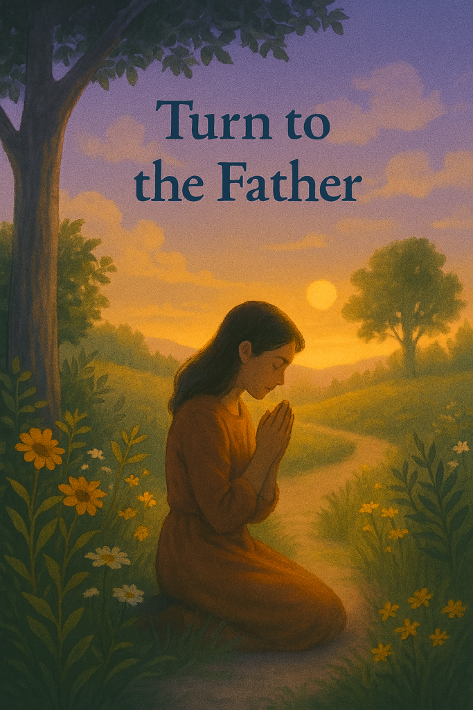 a woman turning to God in prayer. It features a peaceful garden at dusk, with soft light filtering through the trees and a woman kneeling in quiet surrender