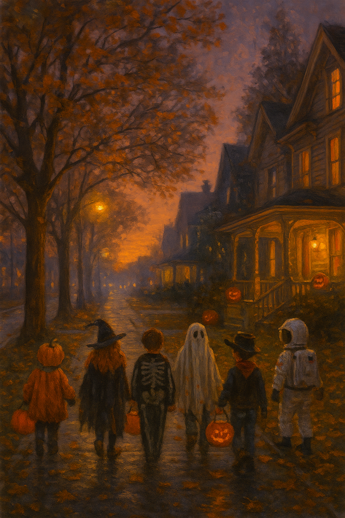 children joyfully roaming the neighborhood in costume, collecting candy on a cozy Halloween 