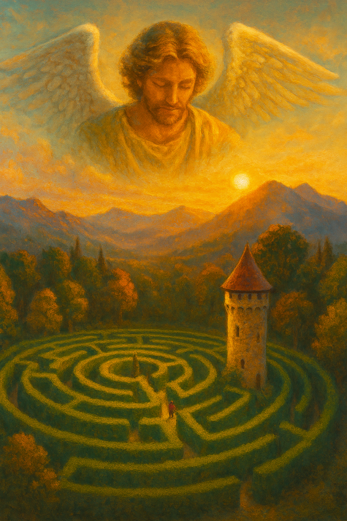 God looking down with compassion over a lush green maze nestled in a sunlit valley. It evokes divine perspective, peace, and trust