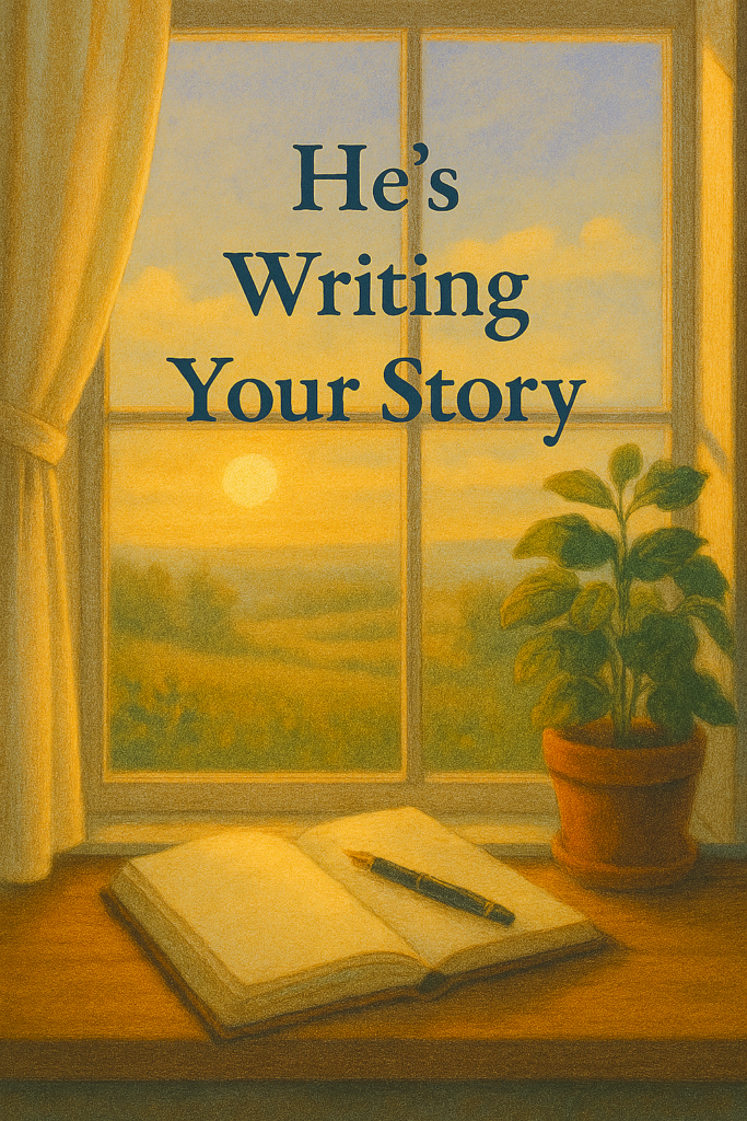 a peaceful journal scene on a sunlit windowsill, surrounded by soft autumn light and gentle reminders of God’s authorship. It evokes quiet trust, presence, and the grace to live one line at a time.