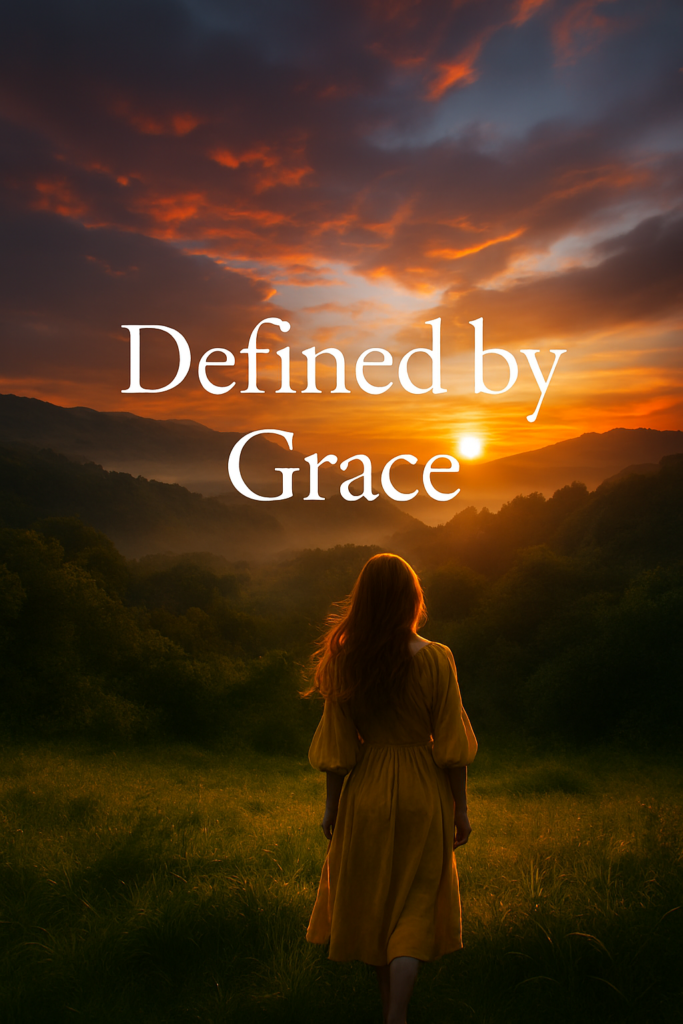 a woman standing in a sunlit field at sunset, surrounded by misty hills and golden light—evoking divine identity, quiet strength, and renewal.